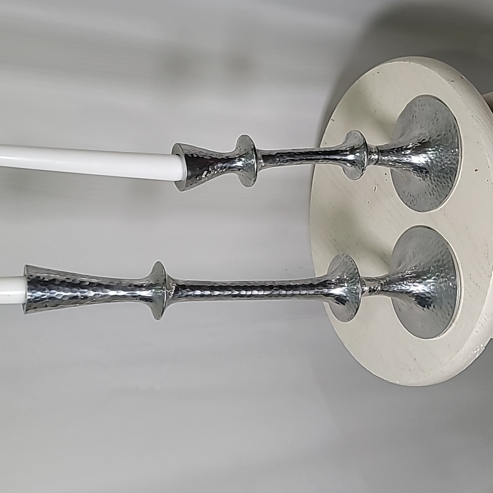 TORRE & TAGUS Design Stamped Silver Tilted Tiered Candle Sticks Holdera Taper